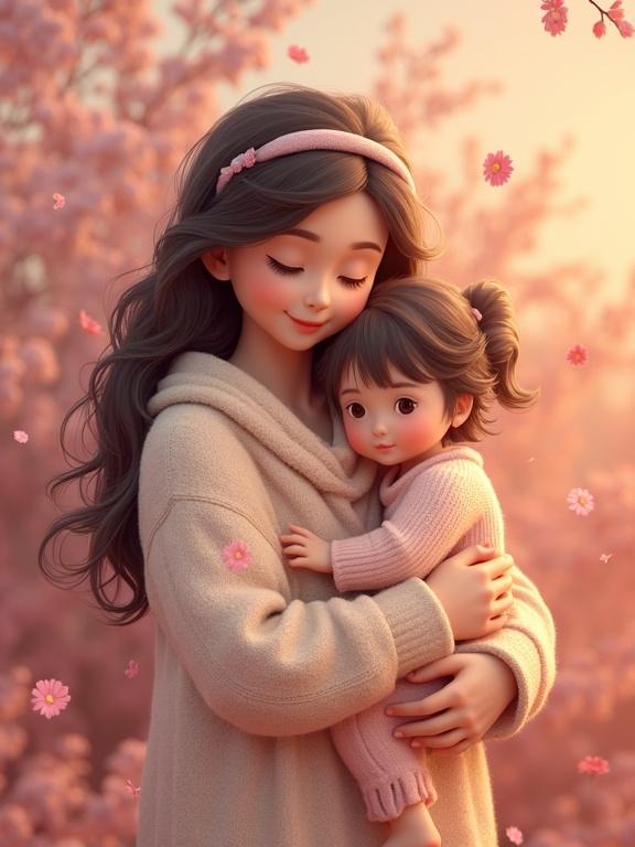 Celebration of motherhood with a mother holding a child. Surrounded by flowers. Soft textures and peaceful background. Bright and warm colors. Focus on emotions and connection between mother and child. Illustrative artwork with high quality and detail.