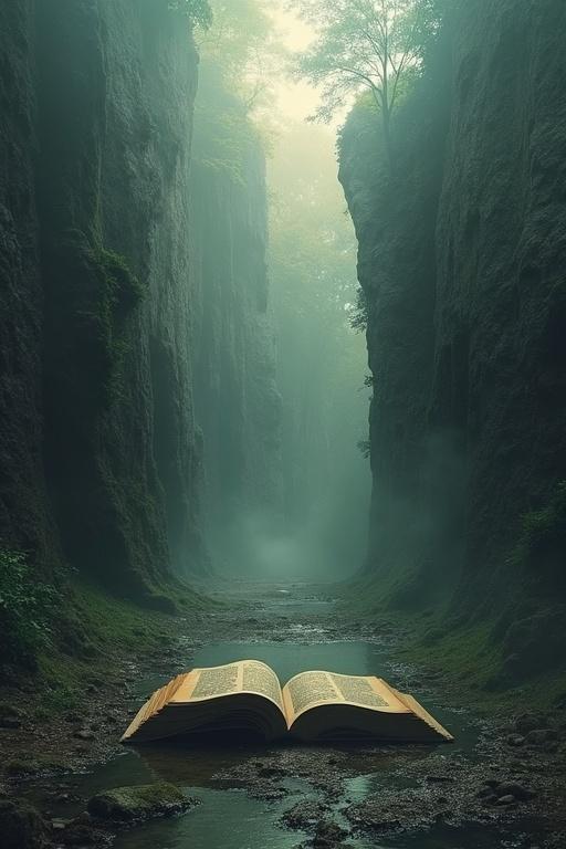 A serene canyon scene featuring an open ancient book. The book is surrounded by lush greenery and misty air. Cliffs rise on either side, creating a mystical atmosphere. The pages seem to leak fractal darkness, hinting at illusions of forgotten cities.