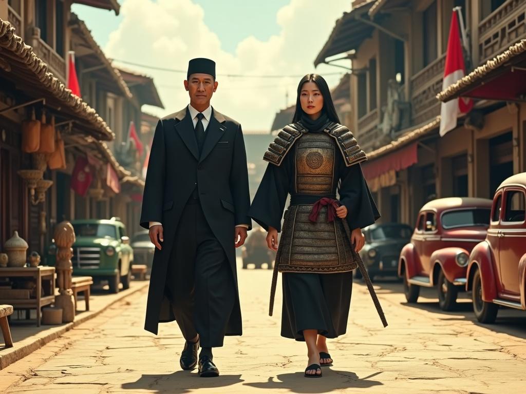 Hyper-realistic scene of two figures walking. One figure in black suit with peci hat. Other figure in samurai armor with Konoha emblem. Vibrant Indonesian street with colonial buildings. Warm lighting, traditional market stalls, Indonesian flags.