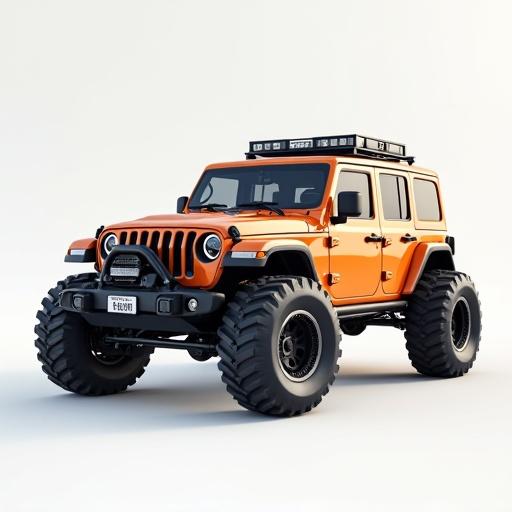 A 3D object of a futuristic style jeep with large tires. The vehicle is orange with black detailing. Background is clean and simple.