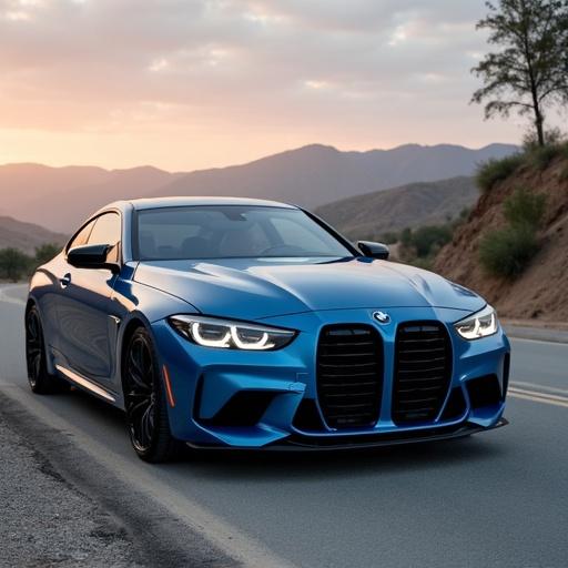 Display a BMW M4 G80 on a scenic road. The car is in blue color. The mountains and sunset create an appealing backdrop. The focus is on the car's sleek design and aesthetic appeal.