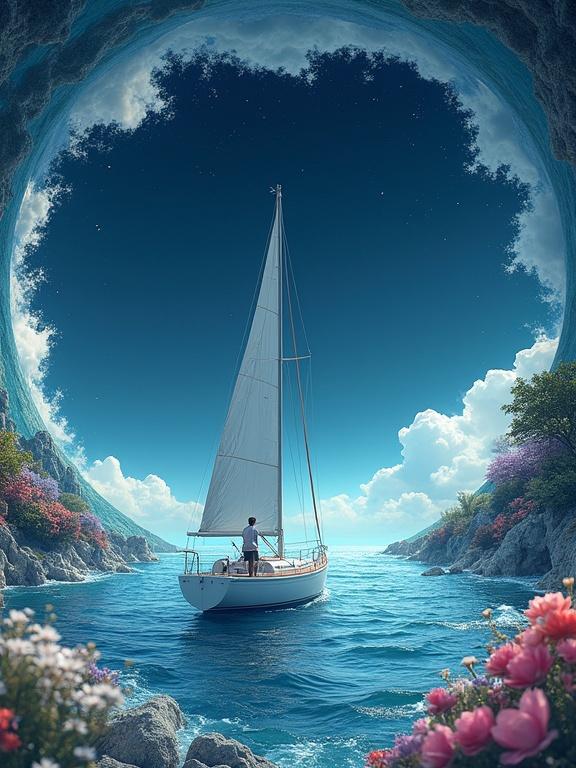 Digital artwork of a sailboat in a circular ocean. Ocean curves to form a tunnel effect. Deep blue water with white wave accents. Flowers and trees create a circle. Bright morning sky from flowers' side, dark night sky with stars from waves' side. White sailboat with tall mast. Man on deck looking at dark sky. Dreamy and imaginative style. Contrast between turbulent ocean and calm sky. Blue and white color palette with depth. Soft diffused lighting