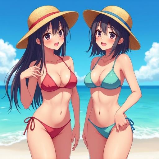 Two twin sisters depicted in pure anime style. They are on the beach wearing bikinis. The scene captures a sunny and cheerful beach environment.