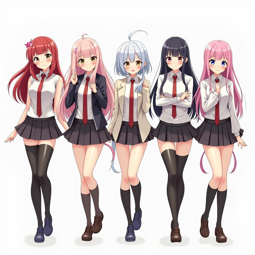 A lineup of five diverse anime-style female characters. They have varying hair colors and styles. Each character is wearing coordinated outfits with skirts and ties.