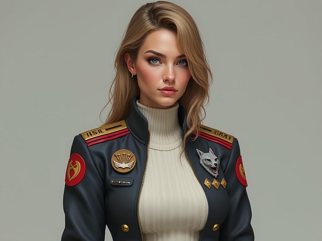 Create a realistic image of a 30-year-old woman in a sci-fi military uniform. She has sandy brown hair, darker eyebrows, and blue-green eyes. The woman wears a military jacket over a white knit shirt with a flat collar, along with pants made from tough synthetic fabric. The jacket features round patches on both shoulders where the red stripes meet. The right patch displays a white sword over a gold shield with broken gold crescents on a red background, while the left patch has a three-headed gray wolf (Cerberus) over a gold shield with the same gold broken crescents on a black background. On her right breast are four gold diamonds signifying her rank as Captain, and on her left breast is a small gold shield-shaped comm badge with a white sword.