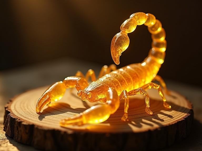 Evocative image of a golden scorpion puzzle on a rustic wooden base. Soft ethereal light surrounds the scorpion. The scorpion glows from within and casts shadows. Warm color palette with amber and golden yellow tones. Sharp composition emphasizes texture and elegance. Captures a tranquil and contemplative mood inspired by still life painting.