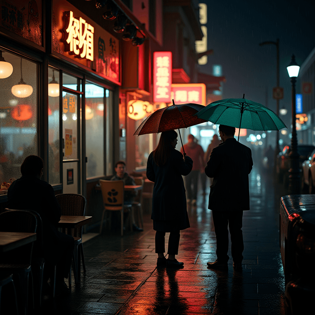 Two people stand under umbrellas on a rain-soaked street lined with glowing neon signs and a warmly lit café, creating a moody and atmospheric scene.