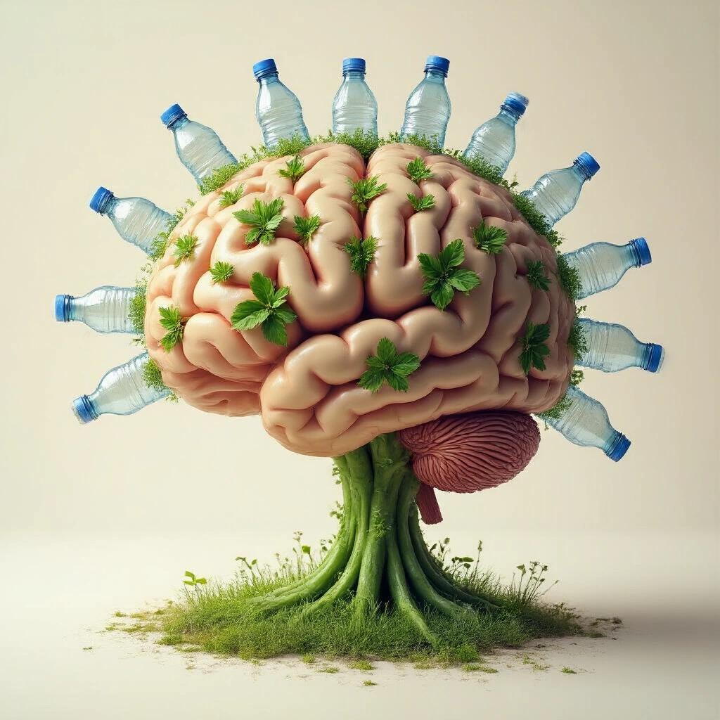 A brain with plastic bottles growing out of it. The brain appears more like a plant with grass surrounding it, highlighting themes of environmental awareness and sustainability.