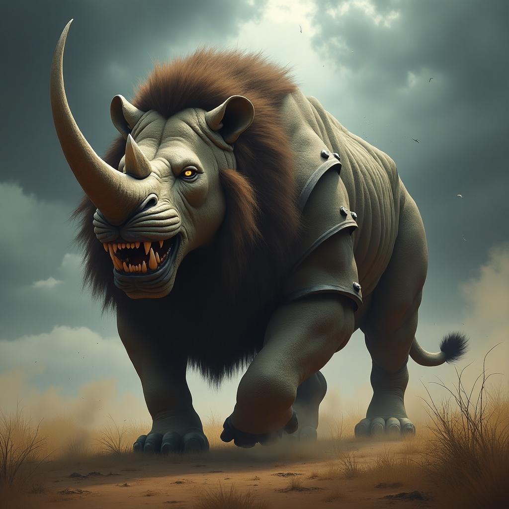 Create a hybrid creature combining lion and rhinoceros. Design muscular body with thick armored hide. Merge lion's fierce expression with rhino's imposing horn. Add sharp fangs and glowing eyes. Make body bulkier with thick horn on forehead. Integrate mane into armored plates. Set in a stormy savanna background.