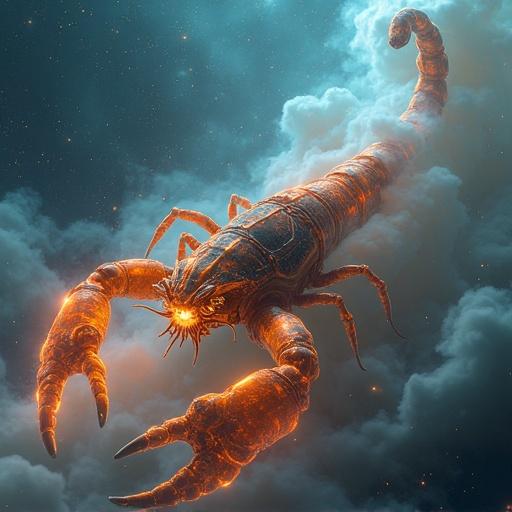 Colossal biomechanical Scorpio rendered in glowing materials. Close-up shot reveals a furious expression. Eyes blazing with internal light. Smoke billowing from nostrils. Ethereal light atmosphere. Complex internal mechanisms visible. Background features swirling nebulae and distant galaxies. Futuristic biomechanical aesthetic blends with cosmic horror. Dynamic smoke adds movement. Volumetric lighting enhances depth.