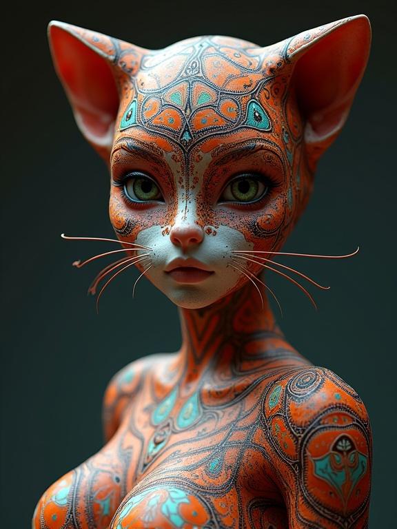 Hyper-detailed bust shot of a female character. Character features a catsuit design with intricate patterns. The artwork utilizes zentangle and Droste effect techniques. Rendered in 8k resolution.