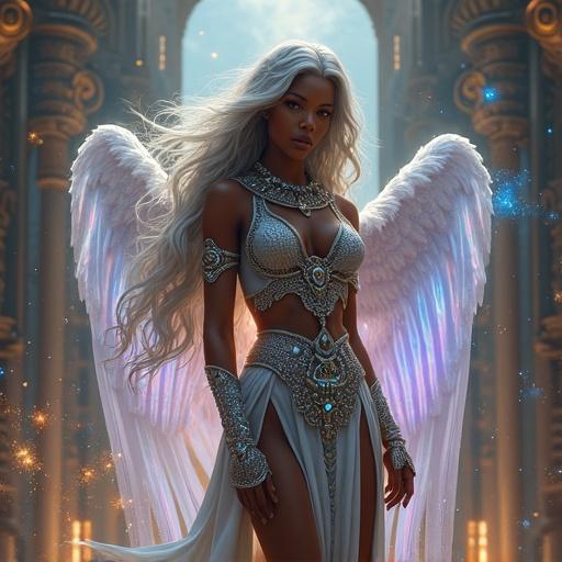 Black female warrior goddess with deep brown skin and silver-white long hair, confidently standing with back slightly turned. Elegant pose highlighting curves, one hand running through hair. Wearing form-fitting fantasy gown with glowing gems and arcane patterns, softly illuminated armor. Wings made of swirling stardust and glowing magical particles, ethereal wings pulsating with blue, purple, and golden light. Background features ancient temple ruins with glowing runes and floating magical glyphs, soft celestial glow and shimmering mist.