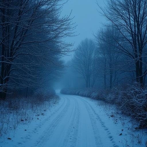Snow-covered path in a dark, blue-toned forest scene. Trees on either side shrouded in fog. A winding road leads into the distance creating a sense of mystery.