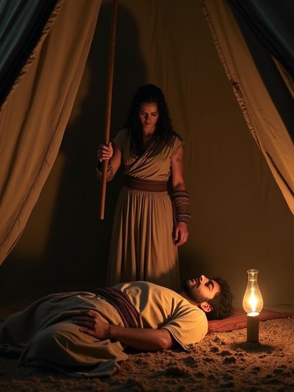 An intense and dramatic scene inside a dimly lit tent. Sisera, the Canaanite commander in his late 30s, lies asleep on the ground, tired from battle. Jael, a determined Kenite woman in her 30s with sun-weathered skin and dark braided hair, stands over him. She holds a tent peg in one hand and a mallet in the other, her expression focused and resolute. The shadows create tension across the canvas walls of the tent.