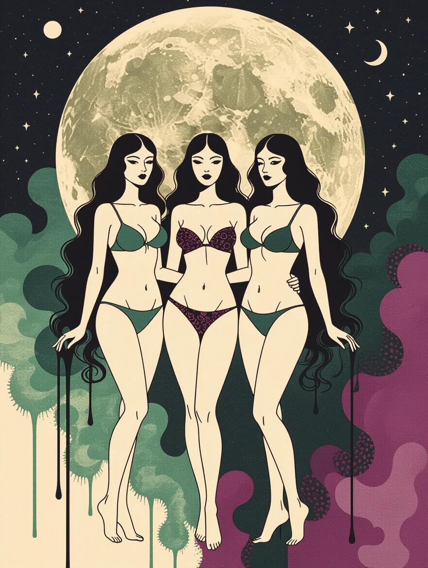 Three figures with long hair in swimwear stand together in front of a large full moon. Background features surreal, colorful waves and textures in shades of green and magenta. Artistic style blends elements of surrealism and whimsy.