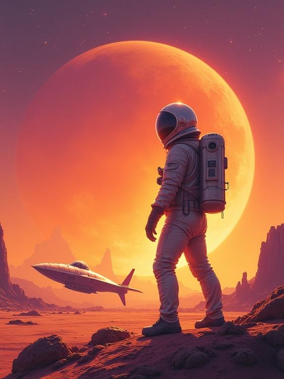 Space explorer stands on an alien landscape. The sky has a massive glowing sunset. The explorer wears a shiny silver spacesuit and vintage jetpack. A sleek rocket starship is in the background. The image has a painterly style and a dreamy cosmic vibe.