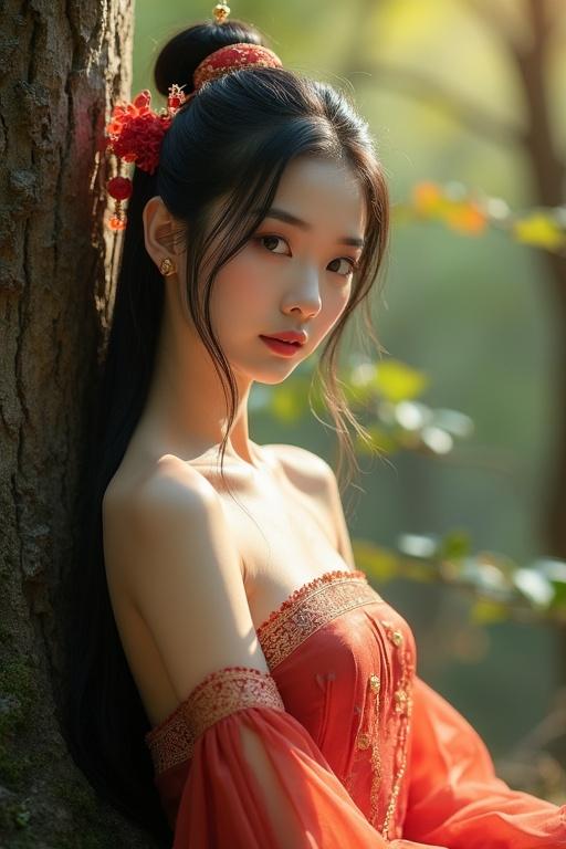 Portrait of a beautiful young woman in a silk Chinese dress standing by a tree. She has long black hair. Sunlight highlights her figure. The background features a Chinese forest.