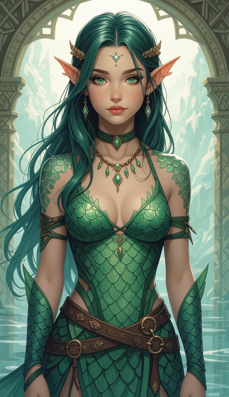 Acrylic painting style depicting a young druidic fish-girl with teal skin and green hair. She wears Theros-Fantasy clothing. The character has webbed features, sharp fins and a voluptuous figure. The background suggests a magical ambiance with pale blue and green tones. Full body representation in the setting.