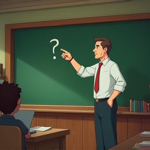A male teacher stands confidently in a classroom. He wears a shirt and tie. A classic green chalkboard is in the background. He points to a question mark, engaging students. Shelves of books and a globe are visible. Illustration in Ghibli style.