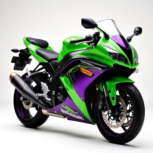 2008 Kawasaki Ninja 250R with a green tank purple fairings and gold accents. Show motorcycle at an angle. Focus on stylish design and details.