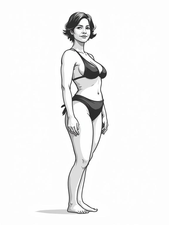 Vector illustration of a curvy mature woman with short hair standing in a bikini. The figure displays toned abs and is depicted in black and white with an outline. The view is from the side, showcasing wide hips and thick thighs. The artwork is in high definition.