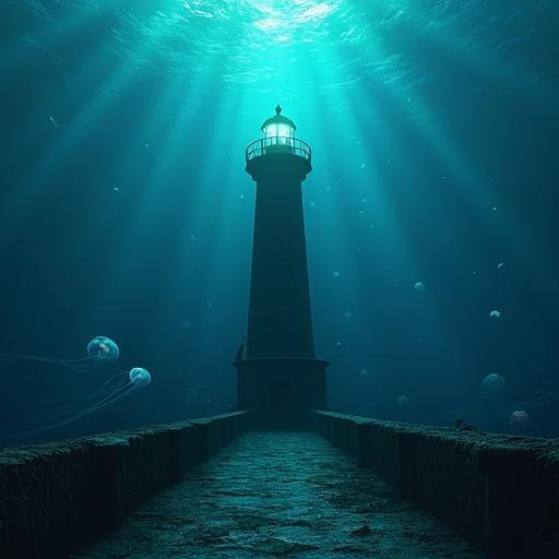 A sunken lighthouse glows beneath the ocean. It is surrounded by drifting jellyfish and coral-covered railings. Beams of light cut through the deep blue water. This is digital concept art with atmospheric lighting creating a cinematic and mysterious mood.
