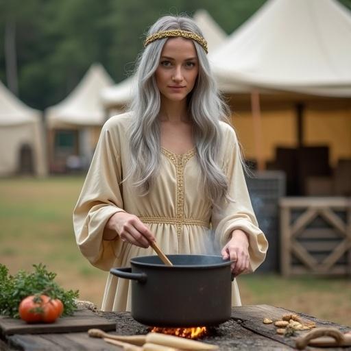 Portrait of a young woman with long silver hair. She wears a gold headband and a pale gold gown. The setting is an outdoor military field kitchen. The woman stirs a pot over an open fire. Cooking supplies are on a wooden table. Tents and crates are in the background. The atmosphere is serene and purposeful.