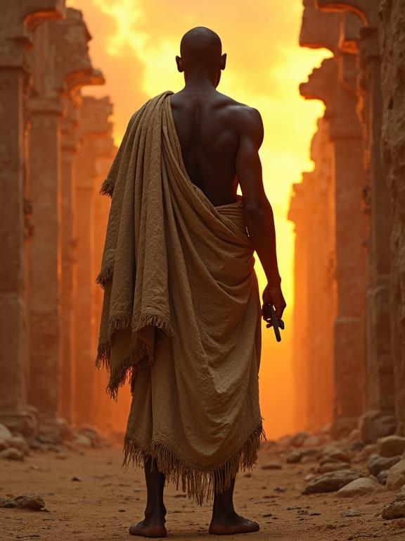 A black man stands with a papyrus in hand wearing a torn robe back turned. Background features burning Egyptian ruins and orange sky.