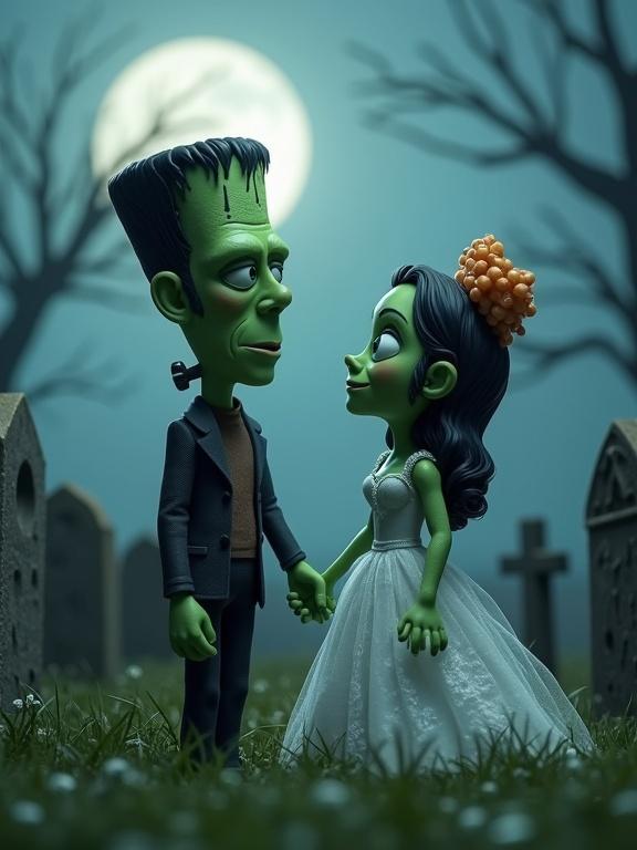 3D representation of a Frankenstein monster and Bride of Frankenstein in a graveyard at night. Both characters are vibrant and whimsical. The moon is prominent, creating a spooky yet charming atmosphere. The setting is filled with headstones and grass.