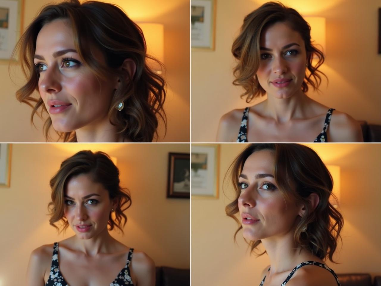 The image showcases a collage of four photos featuring a person with a wavy hairstyle. The person is wearing a floral dress with thin straps. Each section captures different angles and expressions. The background has warm lighting, enhancing the overall aesthetic. The collage style creates a dynamic effect, allowing viewers to see various poses and angles. The overall vibe appears casual and engaging.