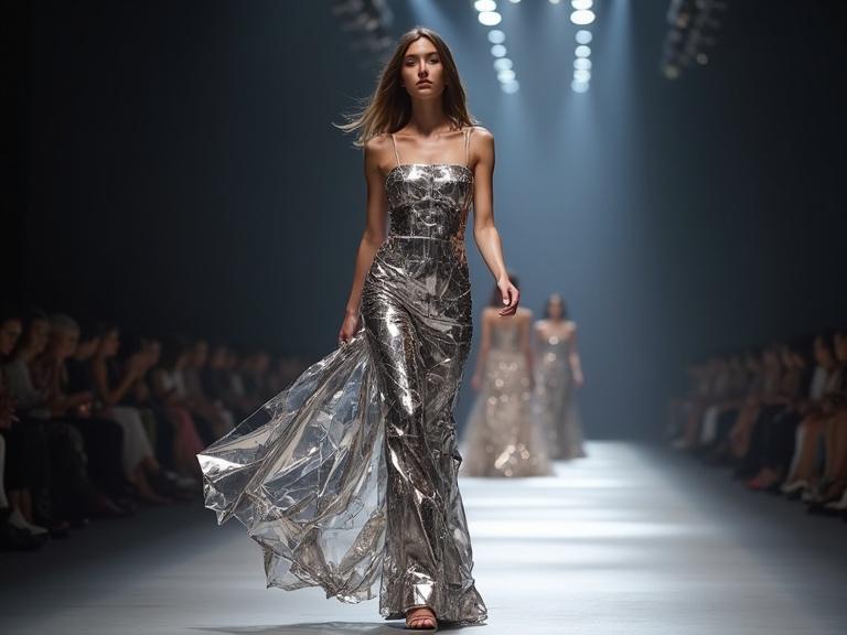 Women walk on a runway show wearing shiny reflective dresses made of mirror shards. The atmosphere is filled with shadows and details in a realistic style. High-resolution imagery captures the textures and style of the garments.