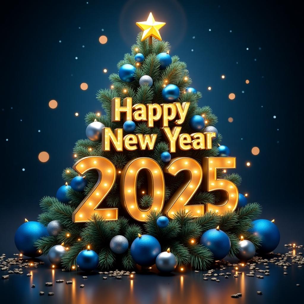 Create a festive image displaying golden text 'Happy New Year 2025' in front of a Christmas tree. The tree is adorned with blue and silver ornaments and sparkling lights. There is a golden star atop the tree. The overall theme is cheerful and glamorous with a bright atmosphere.