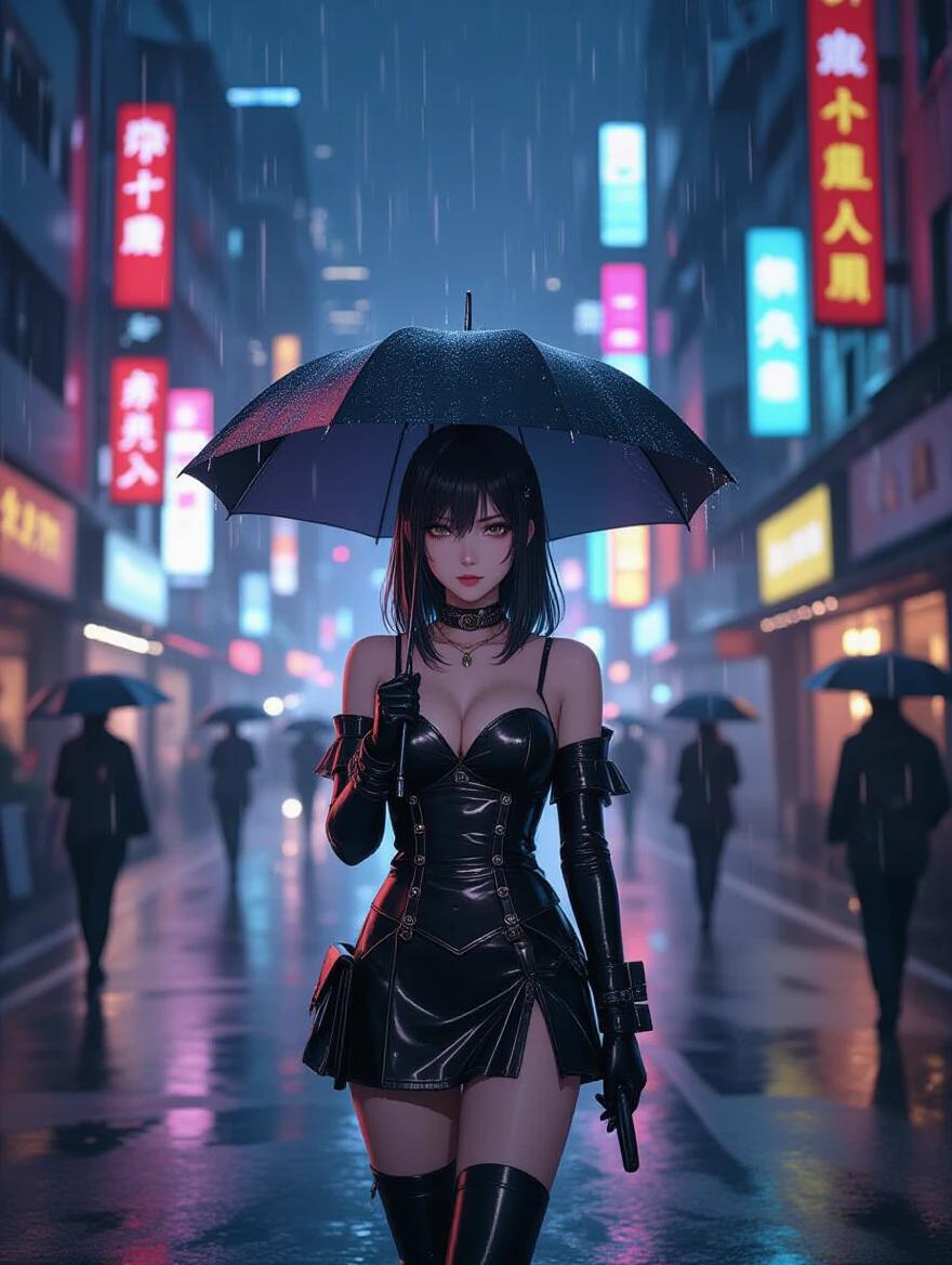 Cyberpunk city at night with rain. Character holds holographic device in right hand. Left hand wipes rain off face. Background features blurred neon signs. 3D realistic style in 16:9 ratio.