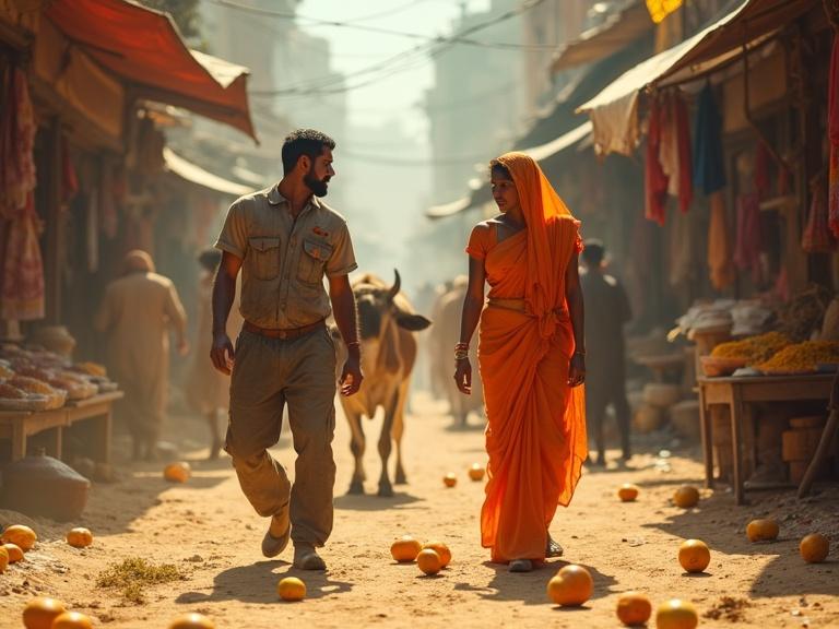 Wide shot of a bustling street market in India. Bright stalls display spices and fabrics. A cow obstructs the path. A man in mechanic clothes meets a woman in an orange sari. Mangoes roll on the dusty ground. Both appear stunned. Sunlight and dust create a vivid scene.