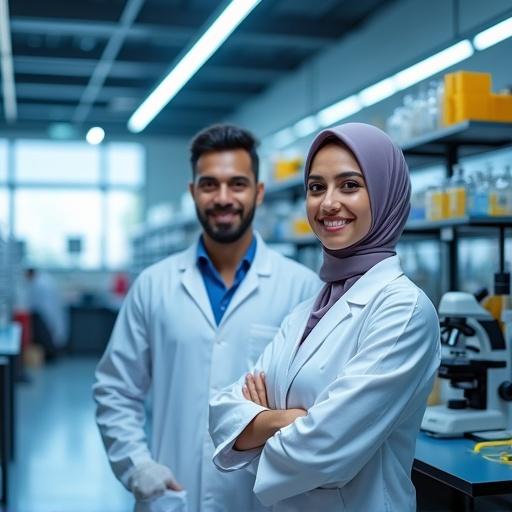 Square Facebook post for a job advertisement in a modern medical laboratory. Egyptian-style interior with test tubes, microscopes, and lab glassware. Two technicians, a male and a female with hijab, in lab coats. Color palette of shiny royal blue and soft golden yellow. Arabic calligraphy headline for job opportunity. Text blocks for required positions and contact details included.