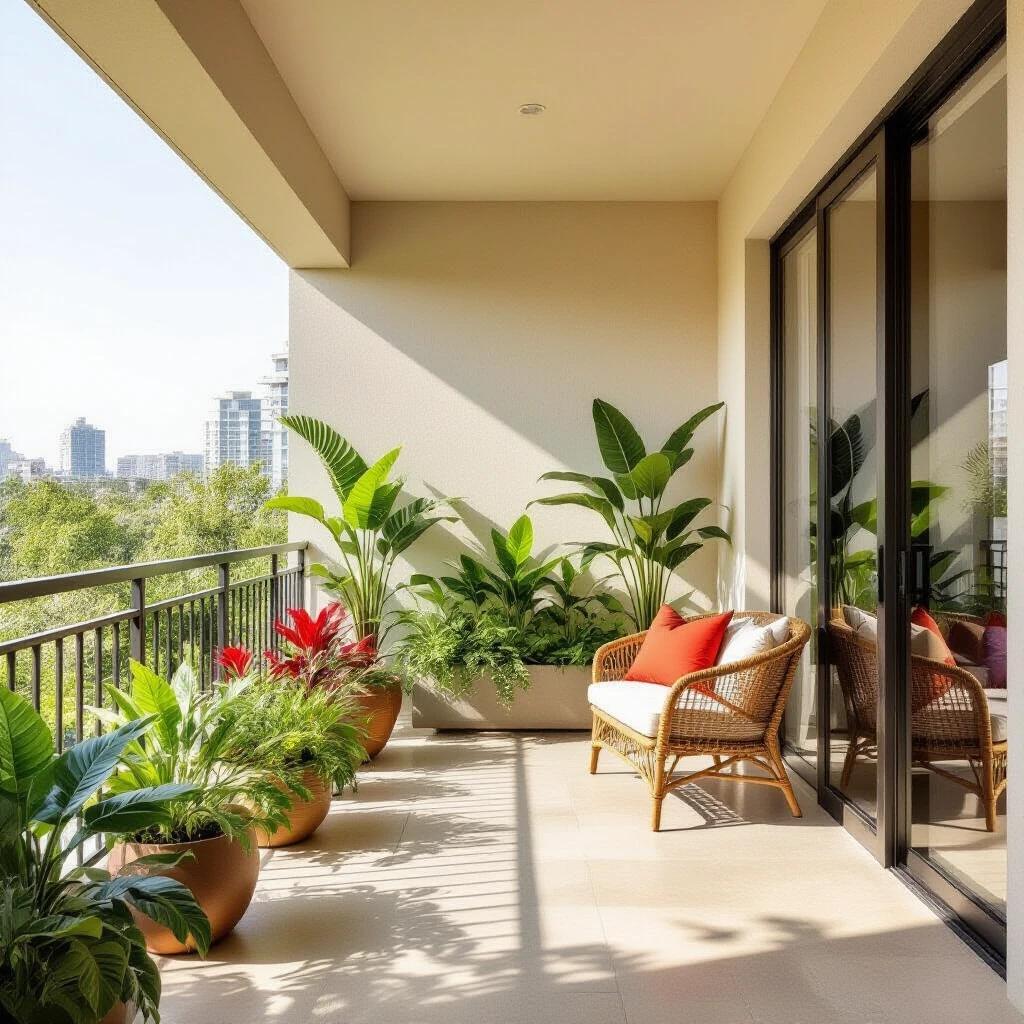 A modern balcony with a minimalist and lively style. Features large planters with various green plants including tall palms and short red-leaved plants. Smooth tiled floor reflects bright light from surroundings, creating a spacious feel. Right side has a glass wall showing a cityscape. Color tones are primarily green and gray with touches of red. Suitable for relaxation or work, providing a comfortable atmosphere.