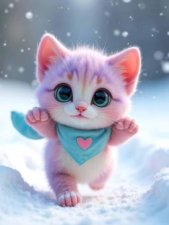 A fluffy kitten has pastel pink and lavender fur and a creamy white belly. It has large expressive green eyes and an oversized head. The kitten wears a light blue bandana with a pink heart. It leaps through the snow with urgency. Snowflakes swirl around its tiny paws.