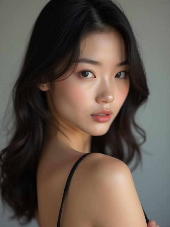 Portrait of a Japanese woman with idealized proportions. Alluring hourglass figure and elegant posture. Smooth, flawless skin texture and natural makeup. Silky straight dark hair styled attractively. Realistic anatomy with elegant posing. Vibrant cinematic lighting creates natural shadows. Subtle studio background with soft depth of field.