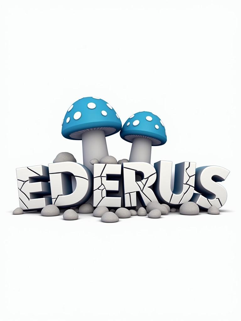 3D logo design for EDERUS featuring bold cracked white letters. Two blue mushrooms with white spots positioned behind the text. Small gray debris scattered around the base. Character positioned above the text. Clean color palette utilized with white, blue, and gray. Transparent background for versatility.