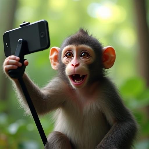 Create an image featuring a monkey vlogging in a forest while holding a smartphone on a selfie stick. The monkey looks expressive and engaged with the camera. The background is a lush green forest with visible trees and sunlight filtering through.
