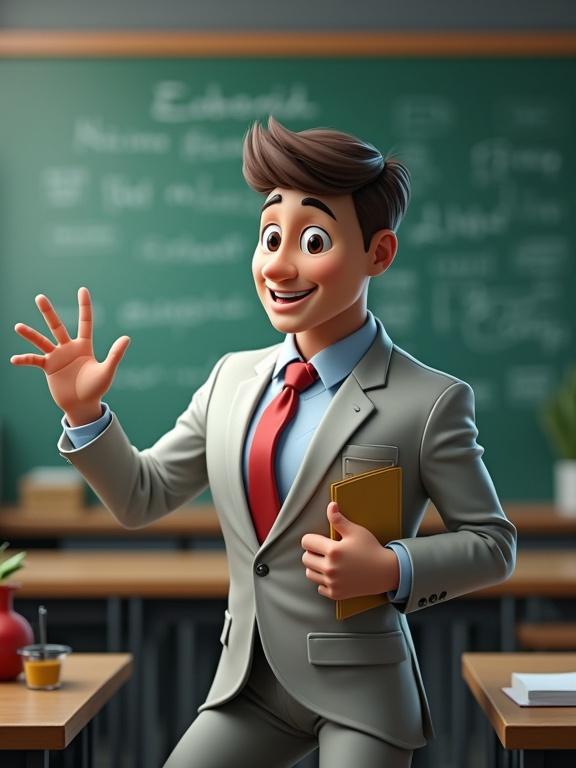Bright animated teacher in a classroom setting. Character has a friendly demeanor. Wearing a suit and holding a folder. Classroom filled with educational elements.