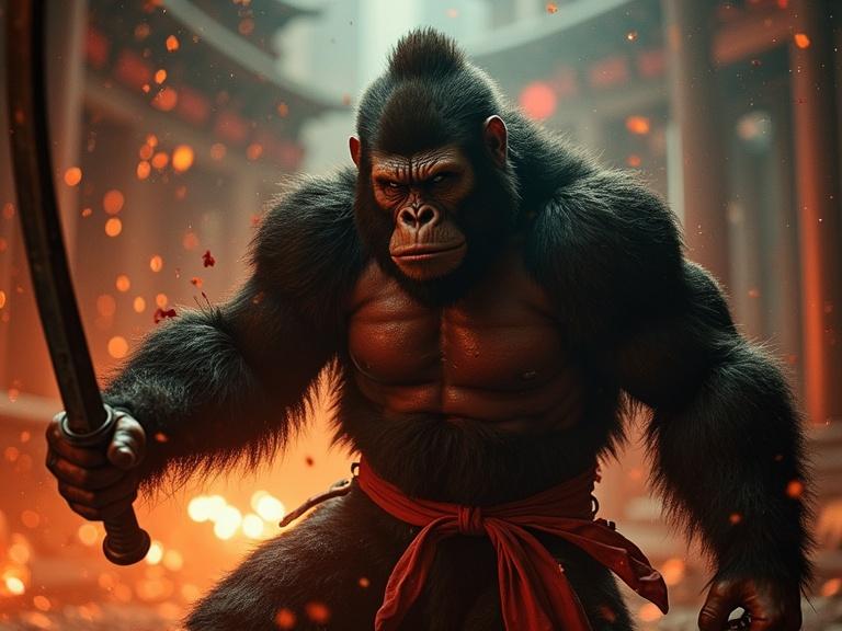 Movie shot depicting an action scene with a gorilla warrior wielding a sword. Dark atmospheric setting with bokeh effects and particles in the air. Backlit with rim light highlights. Details include blood stains and wounds on the character.