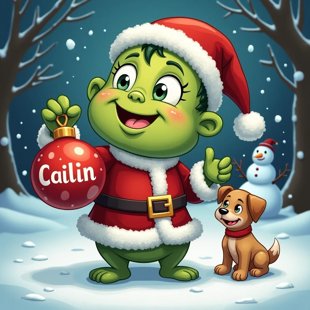 Cartoonish green character as Santa holds a red bauble with name. Small dog is next to character. Background features a scary snowman. Snow is falling.