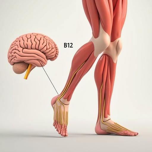 Realistic animation showing the connection between a brain and leg muscles via nerves. Labeled B12 = Comunicación Muscular. Neutral background. Educational tone. Aspect ratio 16:9.