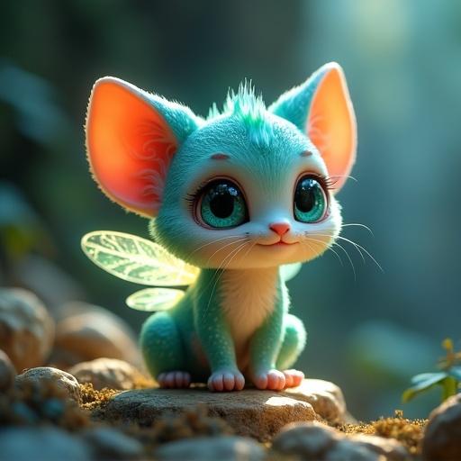 A small magical 3D cartoon creature about the size of a cat. Shimmering multi-colored fur with large blue eyes. Tiny translucent wings glowing faintly. Set in a hidden 3D cartoon forest glade. Fur sparkles with patterns of green, blue, and hints of gold. Perched on a glowing rock near a magical cave entrance surrounded by glow symbols. The atmosphere feels enchanting and vibrant.