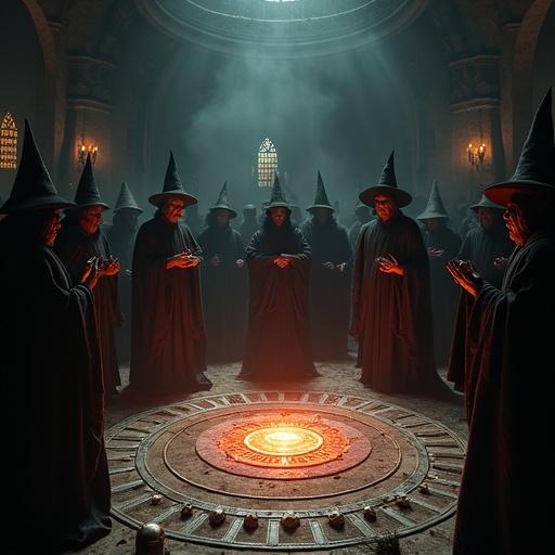 Dark ritual performed by mysterious wizards. The room contains a glowing magic circle at the center. Skulls and magical ingredients surround the circle. Wizard hats on each figure in dark cloaks.