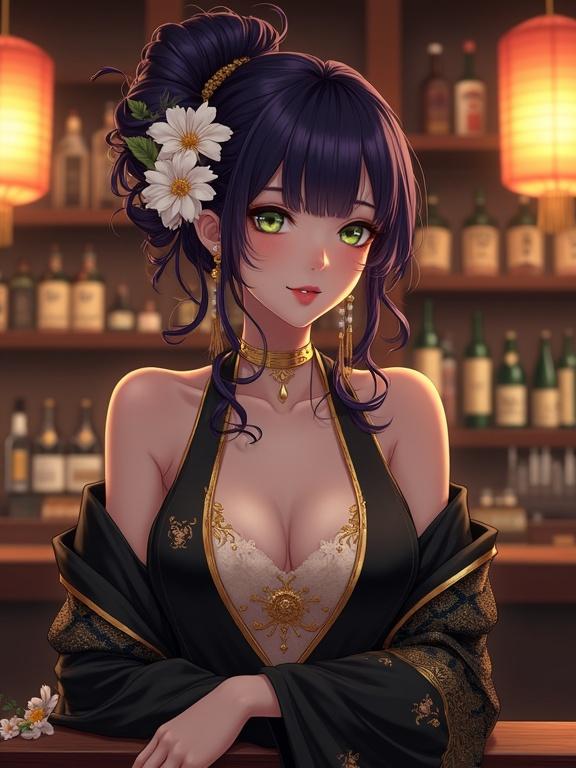 Semi-anime style. A beautiful sexy woman with dark violet hair styled upwards and adorned with flowers and ornaments. She has captivating light green eyes and a serene, seductive expression. She wears a black and gold kimono-style top revealing a white inner garment with gold patterns. Posed at a dimly lit traditional Japanese bar with shelves of bottles and warm glowing lanterns creating an inviting atmosphere.