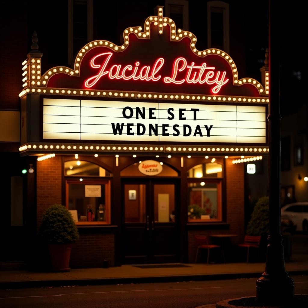 A classic movie marquee sign illuminated with bright lights. The sign displays 'ONE SET WEDNESDAY'. The name of the establishment is elegantly written in cursive. The overall atmosphere is warm and inviting, ideal for social gatherings. This location serves as a community hub for entertainment.