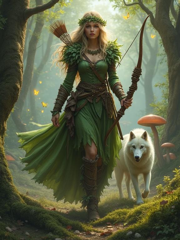 Princess of the Enchanted Forest as a warrior in nature armor with bow and white wolf. Surrounded by butterflies in a glowing forest with giant mushrooms and magical elements.