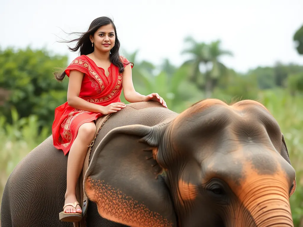 A woman in a vibrant red dress is riding an elephant, showcasing a serene connection with nature in a lush, green landscape.